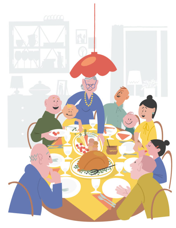 Illustration av stor familj som äter middag tillsammans.