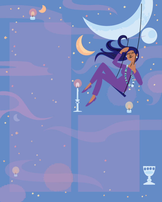 Illustration av kvinna som gungar bland måne och stjärnor.