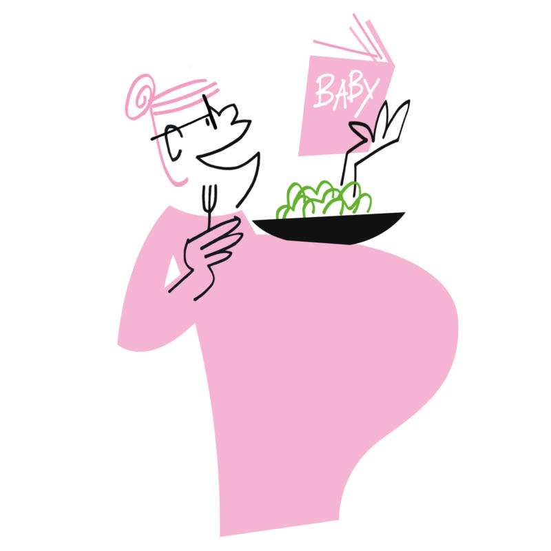 Illustration av gravid kvinna som äter sallad och läser.