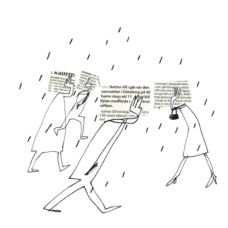 Illustration av människor som skyddar sig mot regn.