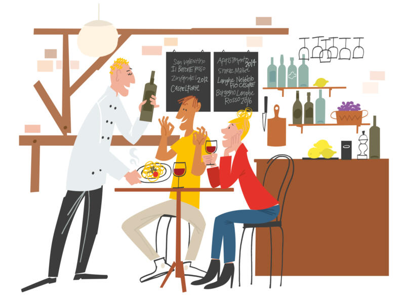 Illustration av människor på bar, servitör och vinflaskor.