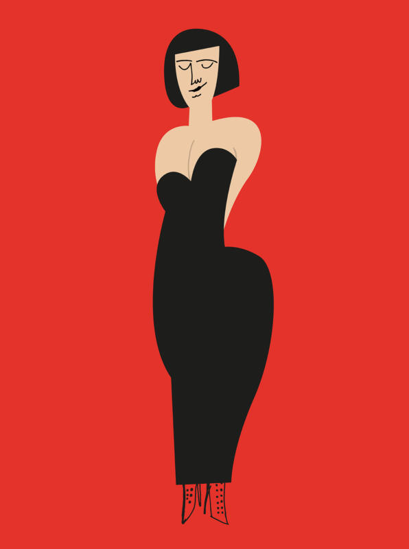 Illustration av kvinna i svart klänning.