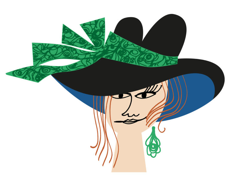 Illustration av kvinna med stor hatt och örhänge.