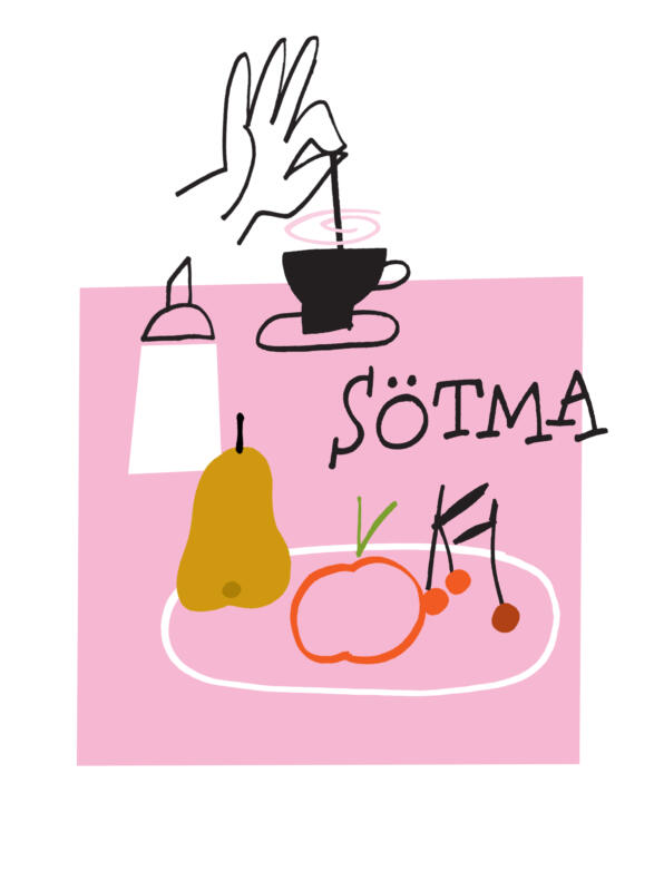 Illustration av kaffekopp och hand som rör i socker.