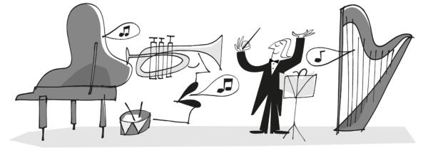 Illustration av dirigent och orkester med piano trumpet och harpa.