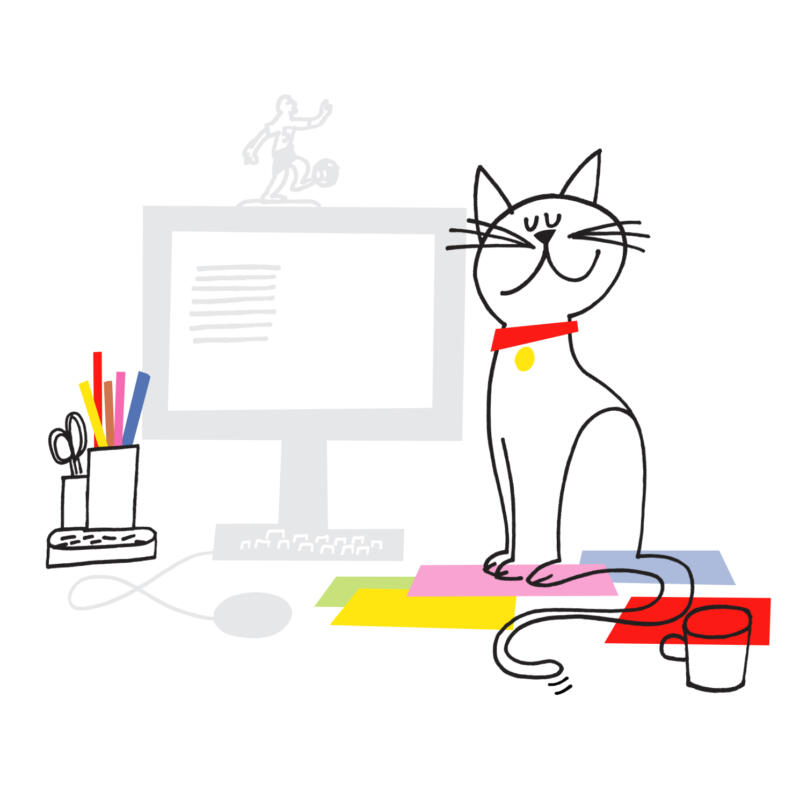 Arbeta hemifrån, dator, papper och katt.