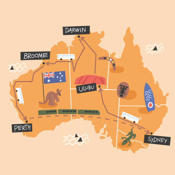Karta av Australien med landmärken och känguru.