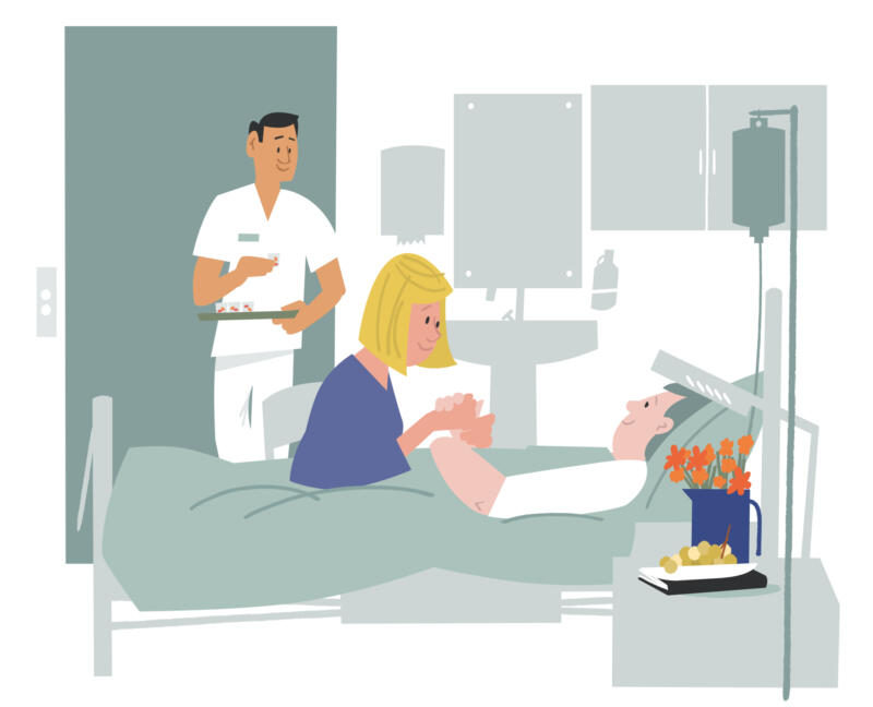 Illustration av kvinna som besöker patient på sjukhus.