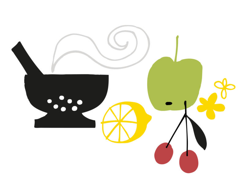 Illustration av frukter och kryddor med mortel.