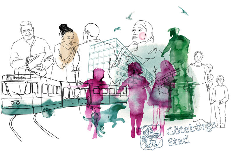 Illustration till Göteborgs stad mot rasism. Bilden är ett collage av teckning och akvarell och föreställer en mamma med barn, hund, spårvagn, människor med olika ursprung. Illustrationen är i färgerna, blå, turkos, lila, rosa.