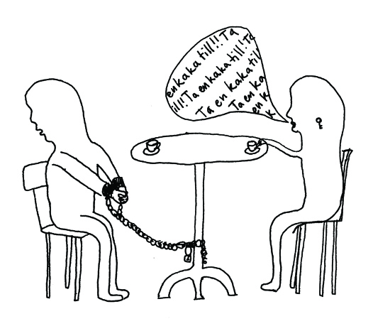 En tusch tekning som föreställer två personer som sitter vid ett kaffebord. Den ena är fastkedjad vid bordet och vänder sig bort medan den andra tjatar och trugar med en pratbubbla "Ta en kaka till!"