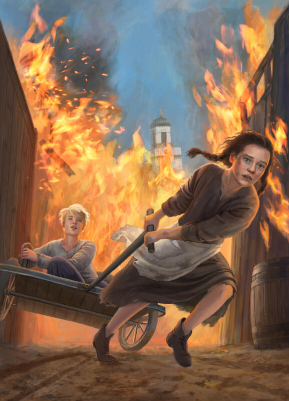 a painting of a girl running away from a fire