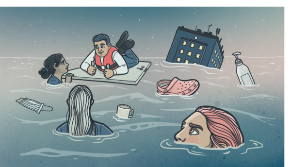Tecknad illustration på vårdpersonal som befinner sig i vattnet likt Titanics förlisning