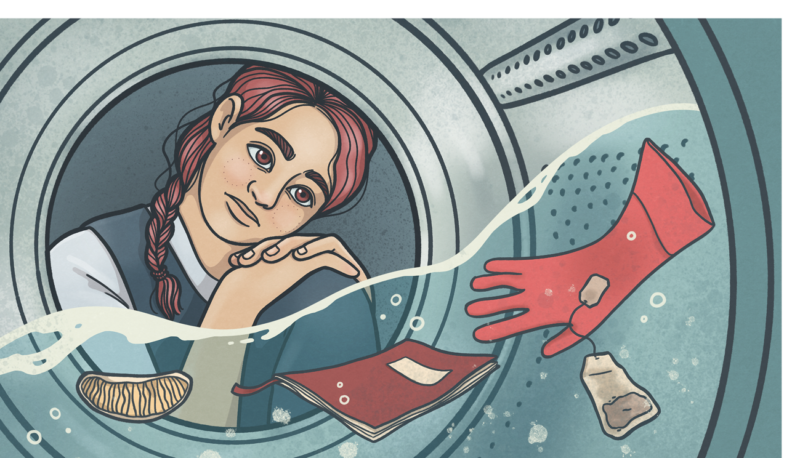 Tecknad illustration på ung kvinna som tittar in i en tvättmaskin och drömmer sig bort från sitt städjobb