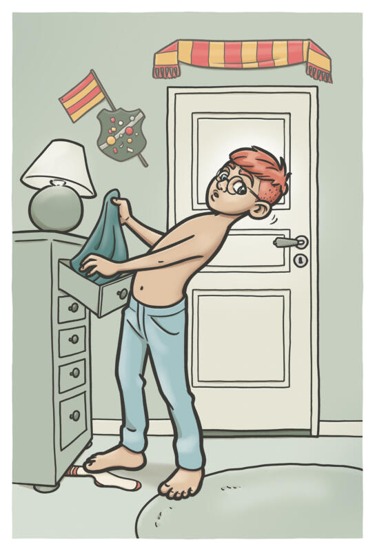Tecknad bild på pojke i sitt rum, klär på sig och lyssnar mot dörren