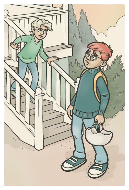 Tecknad bild på en pojke med cykelhjälm i handen, arg kompis på trappen till sitt hus