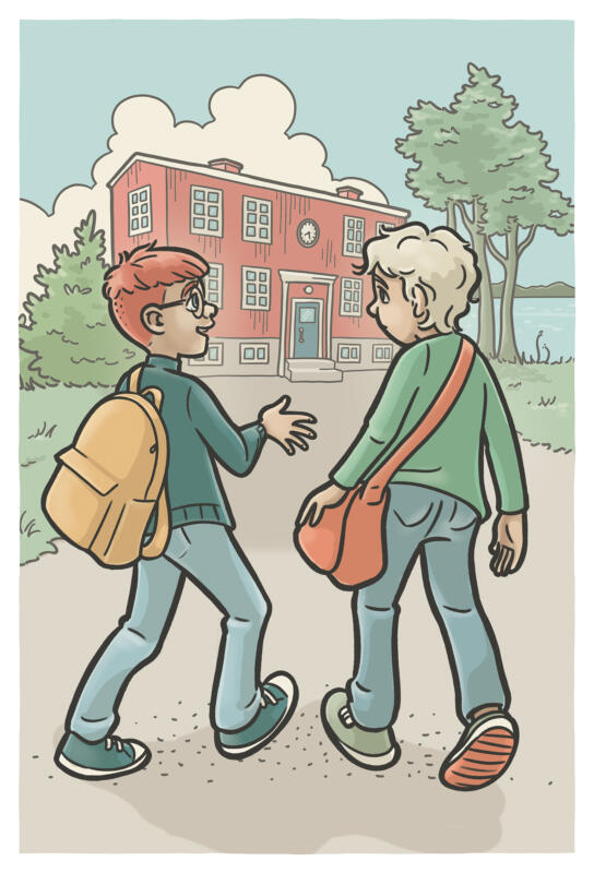 Tecknad bild på två pojkar promenerar till sin gamla röda skola, det är vackert väder
