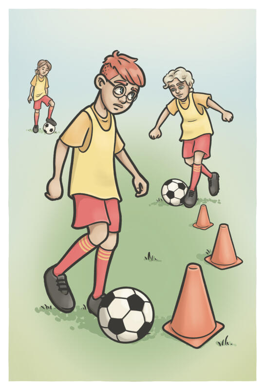 Tecknad bild på barn som har fotbollsträning med koner