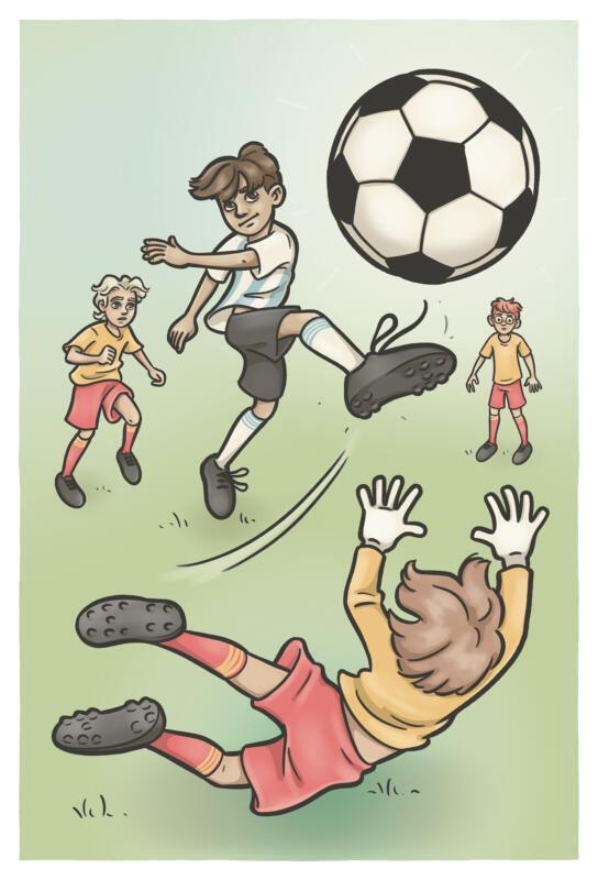 Tecknad bild på barn som spelar en fotbollsmatch, pojken som gör ett snyggt mål bär Messis färger