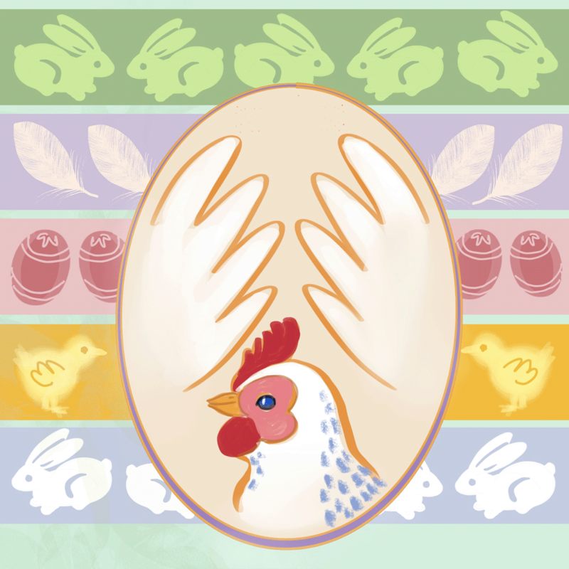 Hönan i ägget, som bakgrund pastellbårder med olika påsksymboler.