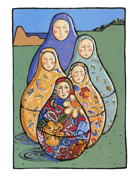 Illustration med fem ryska dockor, användes till presentposters, kalender och reklam.  Bild för att illustrera hur den personligt anpassade doseringen förbättrade livskvalitén för patient.