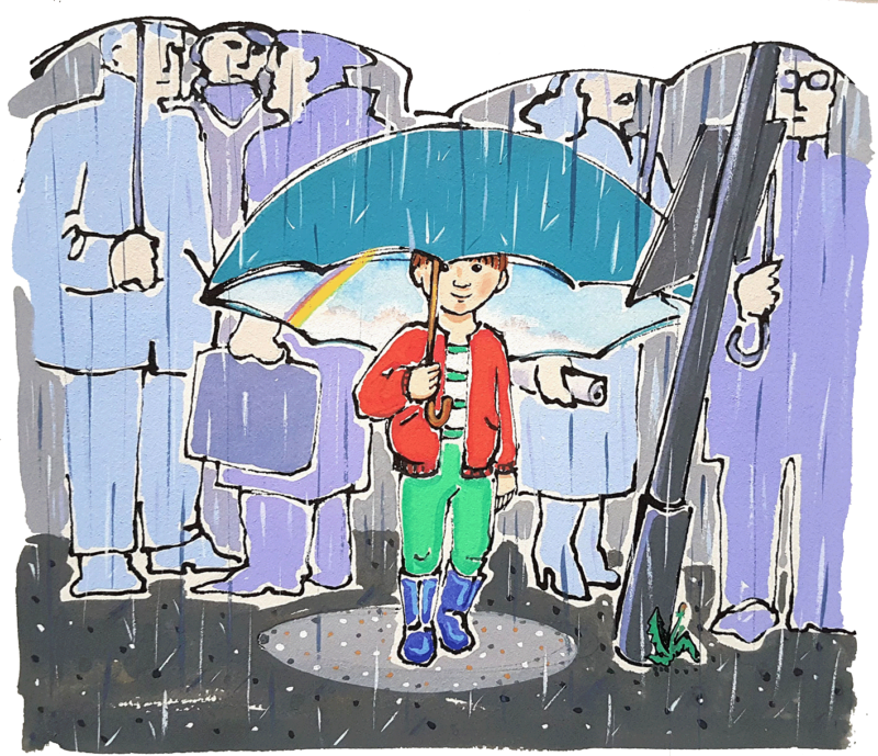 Pojke med stort paraply en regnig dag på en busshållplats. Men under hans paraply gömmer sig ett vackert väder 