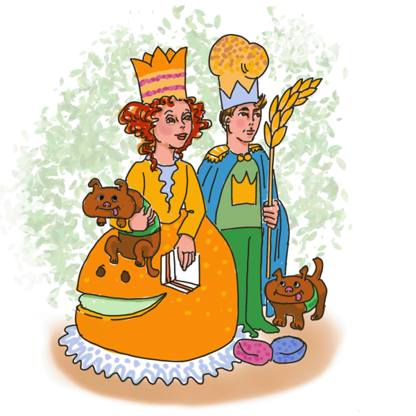 Kungen och drottningen med sina dammsugar hundar och bakelseklädsel