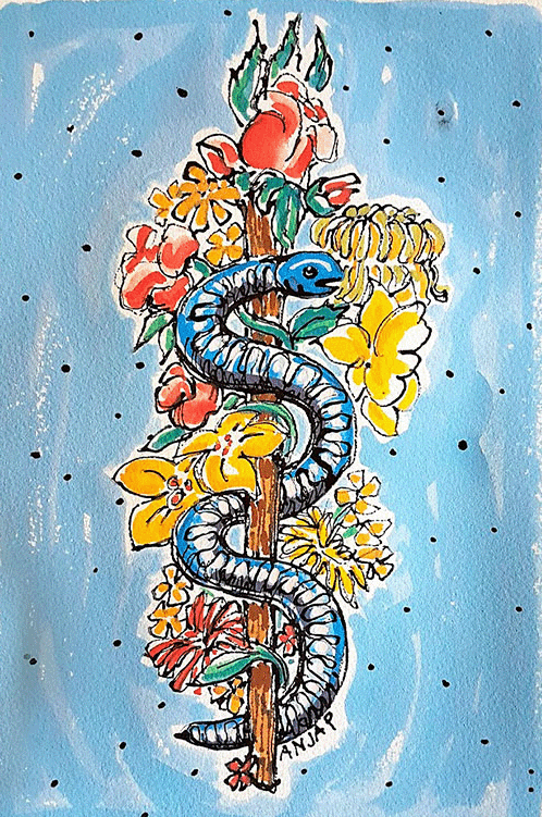 Examensgratulationskort i gouache och tusch. Ormen som ringlar sig runt staven omgiven av blommor.