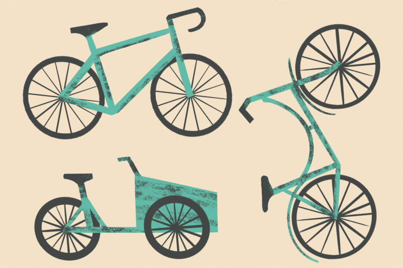 Tre stycken olika cyklar. En av dem är en lådcykel.