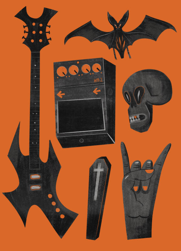 Symboler för Death Metal - spetsig gitarr, HM-2 pedal, döskalle, en hand som gör djävulstecken och en kista med ett kors på.