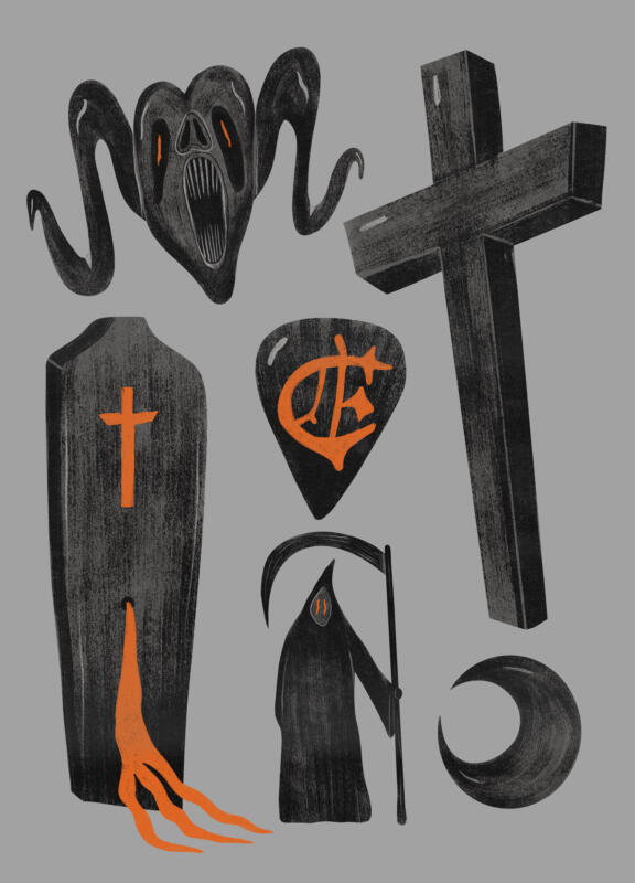 Symboler för Death Metal - en demon, ett kors, ett plektrum, en mörk måne, liemannen och en gravsten som det rinner eld från.