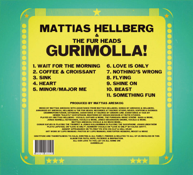 Baksida av Mattias Hellbergs skiva "Gurimolla". En lista på skivans låtar samt tacklista och information om medverkande.