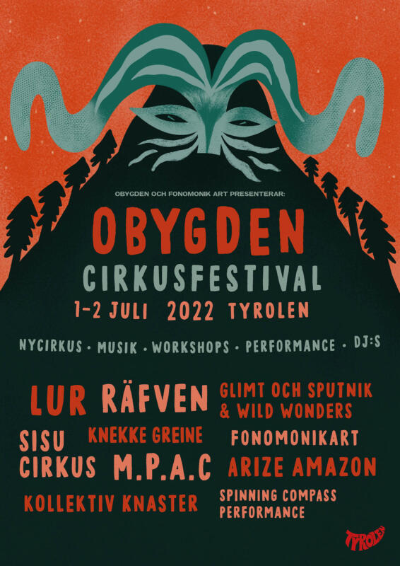 Affisch för Obygden Cirkusfestival 2022. I bakgrunden syns en mörk fantasivarelse med stora horn. Mot en röd himmel avtecknar sig siluetter av en granskog.
