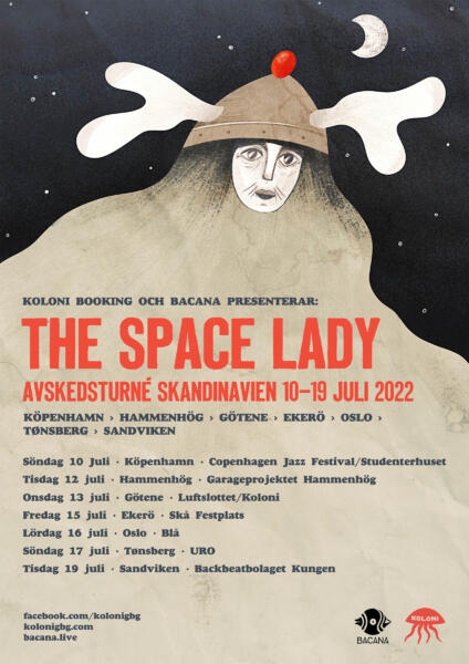 Affisch för The Space Ladys avskedsturné i Skandinavien. En kvinna med en vikingahjälm med vita horn mot en natthimmel med stjärnor och måne.