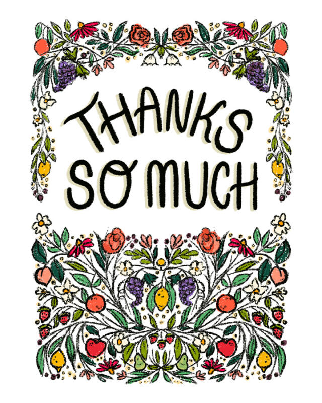 Thank You Card Illustration Design with Fruits and Flowers and Handlettering