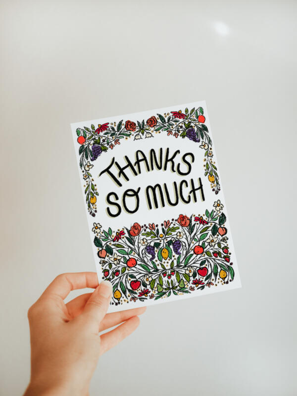 Thank You Card Illustration Design with Fruits and Flowers and Handlettering