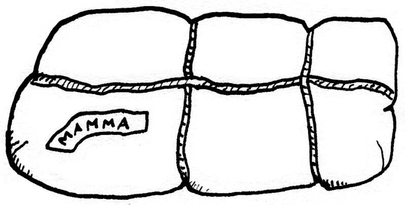 En svartvit illustration i tusch föreställande ett paket med snören och med texten mamma på.