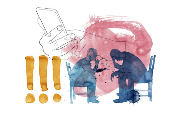 Redaktionell illustration, collage av akvarell, vattenfärg, vector och teckning. Illustrationen föreställer en man med ångest, psykolog, teerapi, dator, hand, telefon, sex, pedofil. Färgerna är blå, rosa, orange.