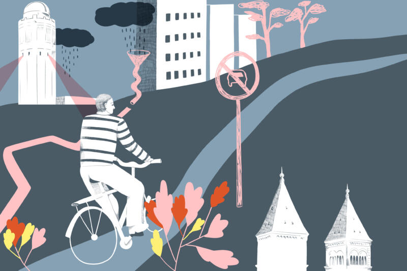 Bild i collagestil med en man som cyklar i en framtida stad.