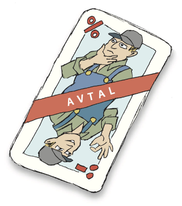 Illustration till Transportarbetaren: spelkort som visar en man som tar ställning till två olika avtalsvarianter