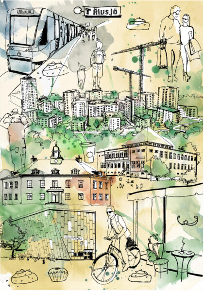 illustration över stad och människor
