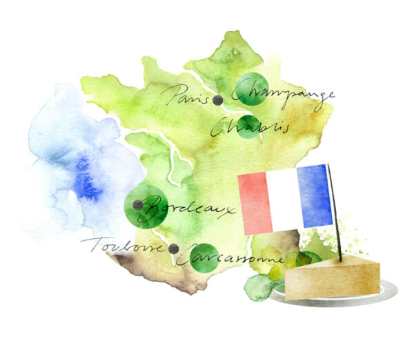 Karta med vinregioner i Frankrike och en flagga i en ost.