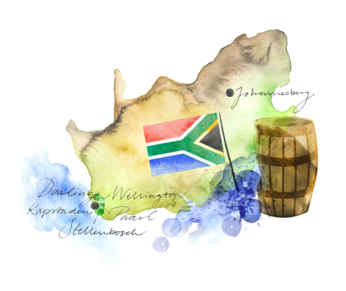 Karta med vinregioner i Sydafrika och en vintunna