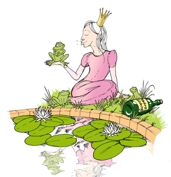 Illustration till matematikproblem, grodor, prinsessa, näckrosor, damm, färglagd tuschteckning