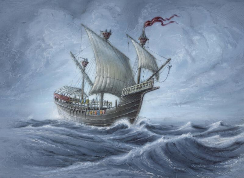 skepp med hissade segel, hårt väder, höga vågor, skeppet kränger dramatiskt, blågrått väder, flaggor smattrar, vapensköldar utmed relingen  