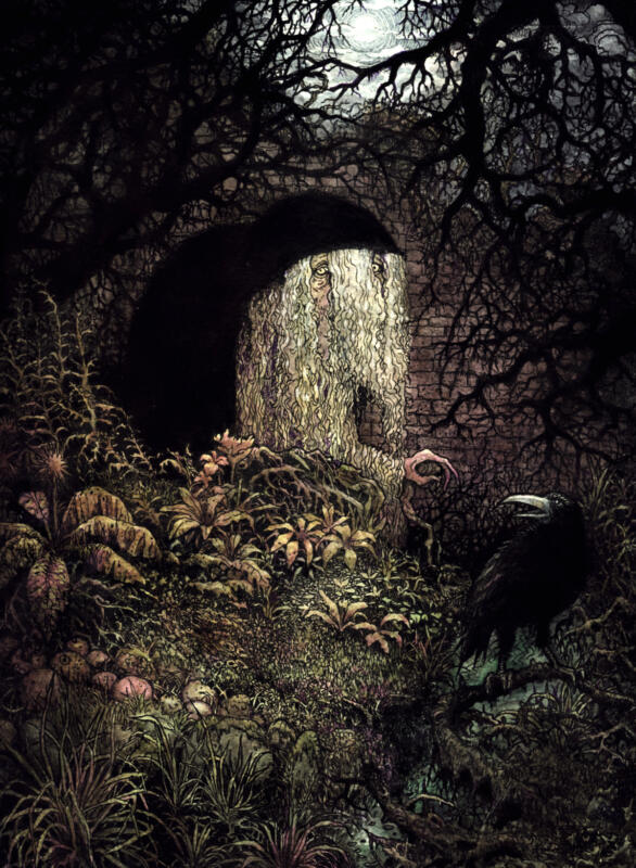 Moody artwork, depicting a witch, the moon, a raven, an old stonewall in ruins, trees, moss, grass, rotten fruit. Nightly november scenario. Peaceful.