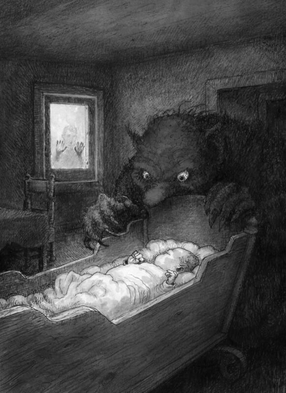 Troll creeping up on infant. Nightmare scene. Ink and charcoal illustration.