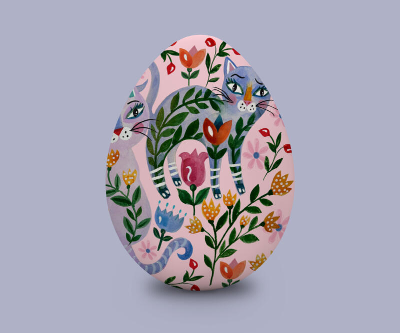 Floral Easter Egg with cute cats, hand painted in watercolour.