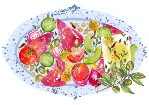 Illustrerat recept av en sallad målad i akvarell med vattenmelon, gurka, oliver och fetaost. 