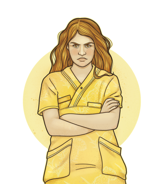 Illustration på arg sjuksköterska med armarna i kors i gula nyanser